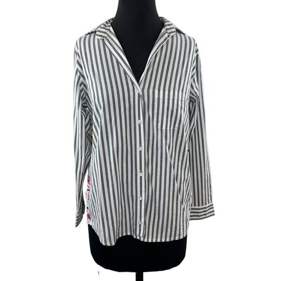 TOLANI Gray White Stripe Button-Up Tunic Top Multicolor Floral Long Sleeve XXS - Picture 1 of 9
